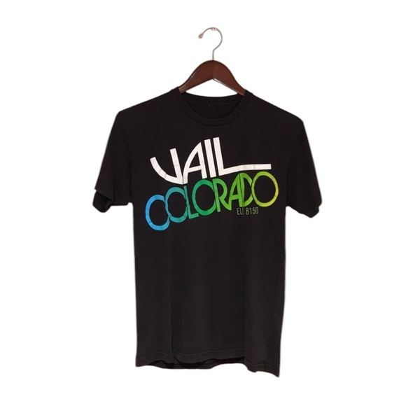 VTG 90s Black Cotton VAIL COLORADO Retro Ski Graphic Tee Shirt Small / Medium - Picture 2 of 7